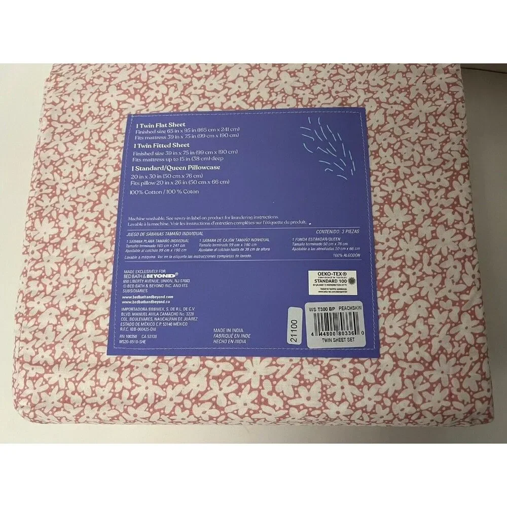 Wild Sage Isla Printed  3 Piece TWIN Sheet Set  Peachskin Pink Floral Design